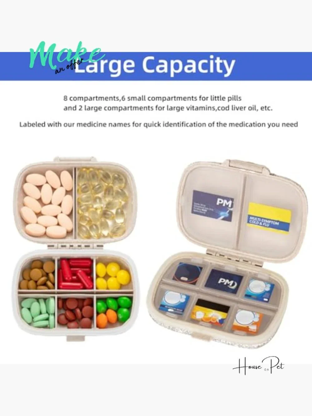 Pill Organizer with Labels Bling Travel Medicine Kit 8 Compartments Portable